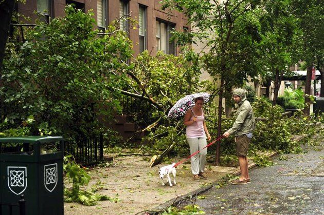 Una pareja pasea a su perro entre ramas caídas en la calle 43 este en Nueva York, Estados Unidos, hoy, domingo 28 de agosto de 2011, tras la llegada del huracán "Irene". Este huracán cumplió hoy las primeras 24 horas de su recorrido por la costa este de Estados Unidos, con un rastro de inundaciones, cortes de electricidad, tornados y una decena de muertos, mientras se desplaza ahora a Nueva York y Nueva Inglaterra. EFE/John G. Mabanglo