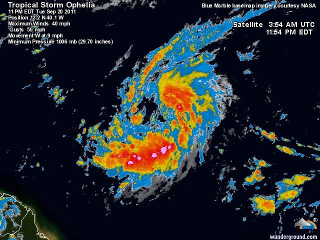 Foto satelital de la tormenta tropical Ophelia. Foto: Weather Underground