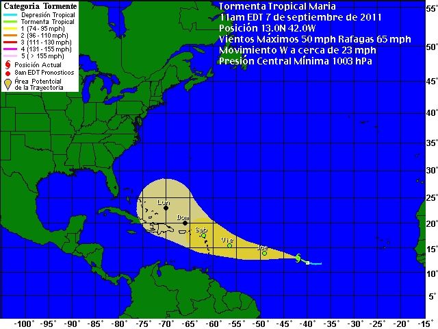 Cono de probabilidades de Tormental Tropical Maria. Foto: Weather Underground