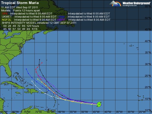  Modelos de pronósticos de la Tormenta Tropical Maria. Foto: Weather Underground