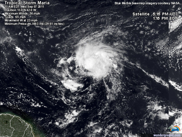 Vista satelital de la Tormental Tropical María. Foto: Weather Underground