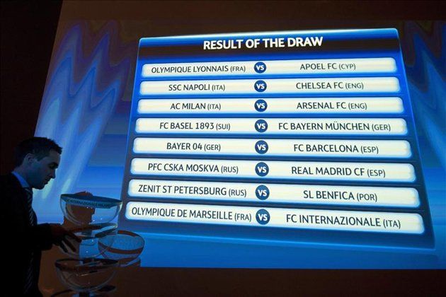 Un tablero electrónico muestra el resultado del sorteo de los emparejamientos de las eliminatorias de los octavos de final de la Liga de Campeones de Europa. Foto: EFE