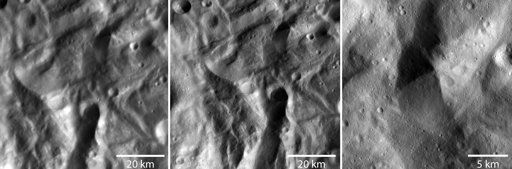 Combinación de fotografías difundidas por la NASA el miércoles 21 de diciembre de 2011 mostrando una parte de la superficie del asteroide Vesta y tomadas desde diferentes altitudes por la sonda Dawn de la NASA. Dawn entró en la órbita de Vesta en julio de 2011, en una misión para entender mejor los orígenes del sistema solar. Foto: AP/NASA