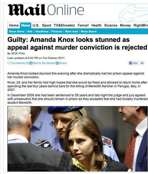 The Daily Mail y The Sun declararon culpable a Amanda Knox, una joven a la que acusaban del asesinato de una estudiante de intercambio en Italia.
