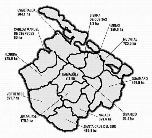 Tierras recuperadas por municipios en Camagüey. Mapa de Alejandro Bonet.